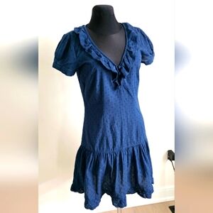Clockhouse Navy Blue Drop Waist Eyelet Ruffled Puff Sleeve Mini Dress M